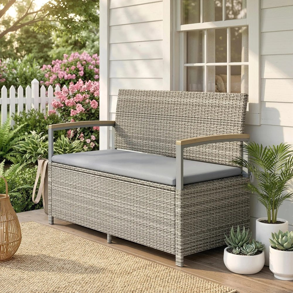Outsunny 170 L Garden Storage Bench with Zipped Liner, 2 Seater Rattan Garden Bench with Storage, Gas Strut, Cushion, Light Grey 1