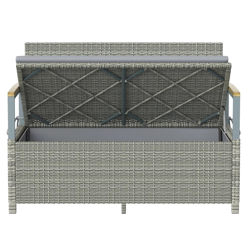 Outsunny 170 L Garden Storage Bench with Zipped Liner, 2 Seater Rattan Garden Bench with Storage, Gas Strut, Cushion, Light Grey 10