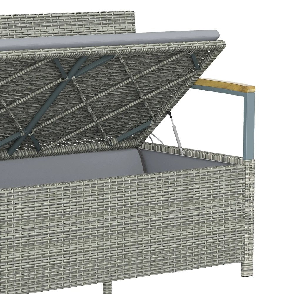 Outsunny 170 L Garden Storage Bench with Zipped Liner, 2 Seater Rattan Garden Bench with Storage, Gas Strut, Cushion, Light Grey 12