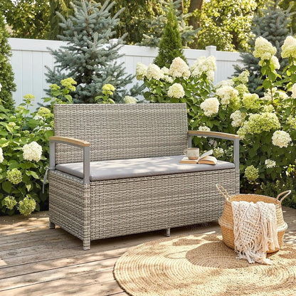 Outsunny 170 L Garden Storage Bench with Zipped Liner, 2 Seater Rattan Garden Bench with Storage, Gas Strut, Cushion, Light Grey 13