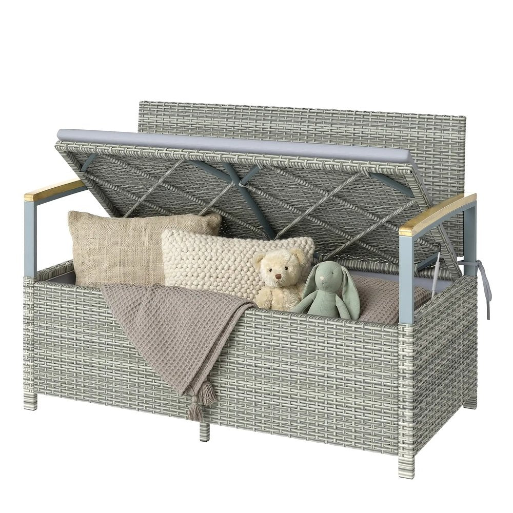 Outsunny 170 L Garden Storage Bench with Zipped Liner, 2 Seater Rattan Garden Bench with Storage, Gas Strut, Cushion, Light Grey 14