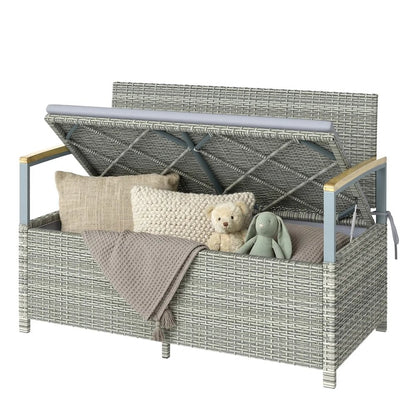 Outsunny 170 L Garden Storage Bench with Zipped Liner, 2 Seater Rattan Garden Bench with Storage, Gas Strut, Cushion, Light Grey 14