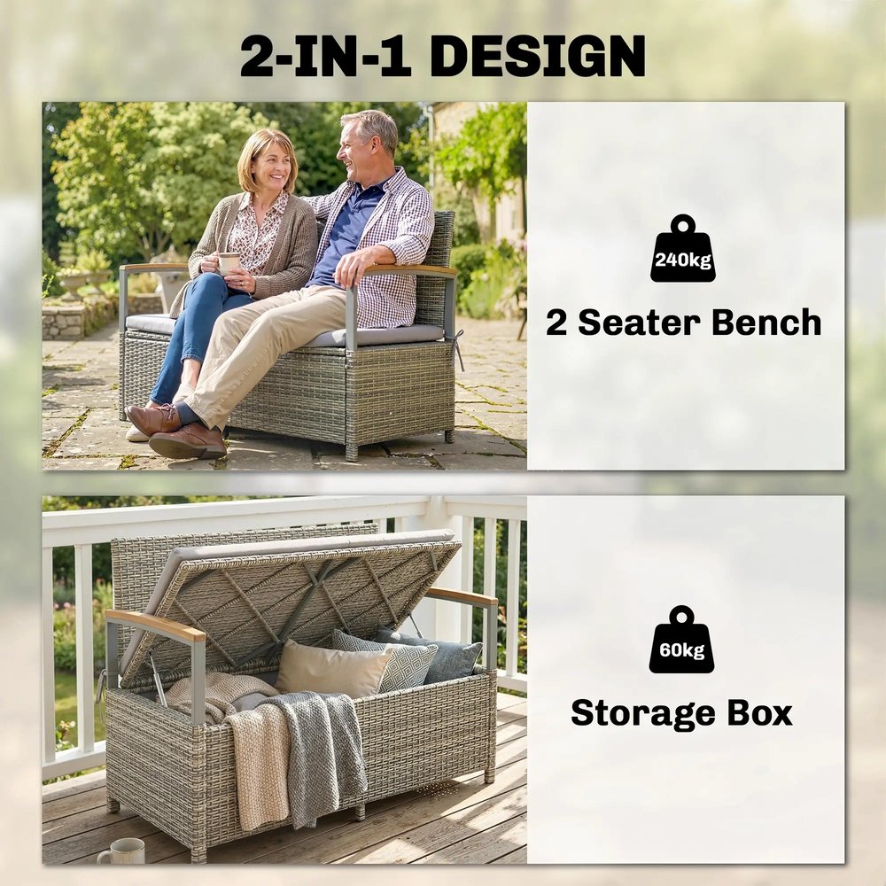 Outsunny 170 L Garden Storage Bench with Zipped Liner, 2 Seater Rattan Garden Bench with Storage, Gas Strut, Cushion, Light Grey 3