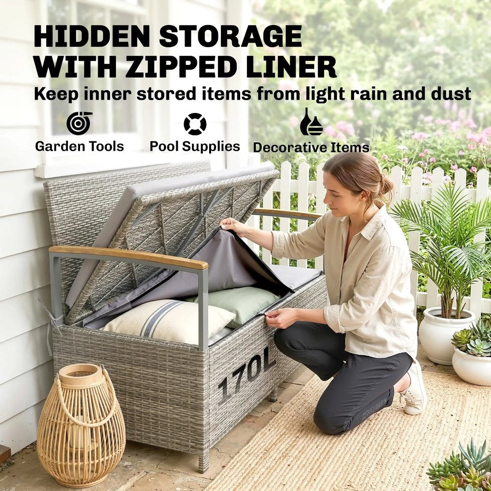 Outsunny 170 L Garden Storage Bench with Zipped Liner, 2 Seater Rattan Garden Bench with Storage, Gas Strut, Cushion, Light Grey 4