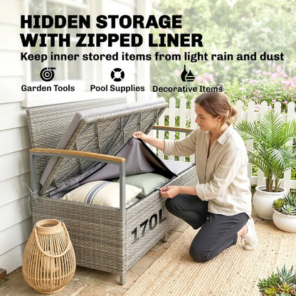 Outsunny 170 L Garden Storage Bench with Zipped Liner, 2 Seater Rattan Garden Bench with Storage, Gas Strut, Cushion, Light Grey 4