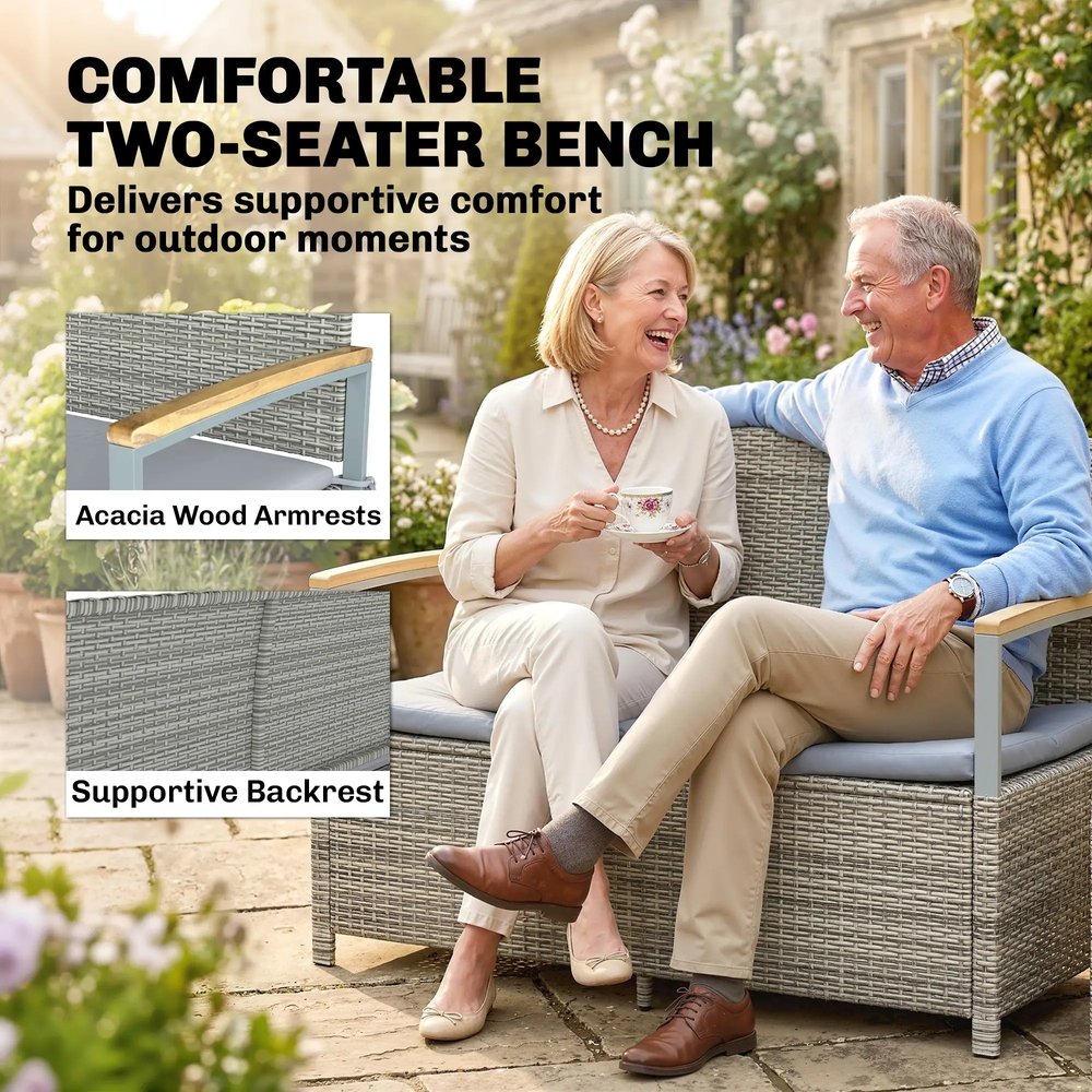Outsunny 170 L Garden Storage Bench with Zipped Liner, 2 Seater Rattan Garden Bench with Storage, Gas Strut, Cushion, Light Grey 6
