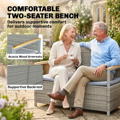 Outsunny 170 L Garden Storage Bench with Zipped Liner, 2 Seater Rattan Garden Bench with Storage, Gas Strut, Cushion, Light Grey 6