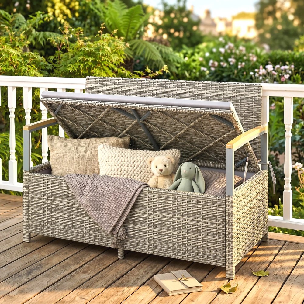Outsunny 170 L Garden Storage Bench with Zipped Liner, 2 Seater Rattan Garden Bench with Storage, Gas Strut, Cushion, Light Grey 7