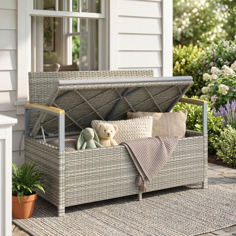 Outsunny 170 L Garden Storage Bench with Zipped Liner, 2 Seater Rattan Garden Bench with Storage, Gas Strut, Cushion, Light Grey 8