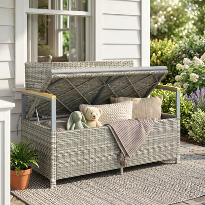Outsunny 170 L Garden Storage Bench with Zipped Liner, 2 Seater Rattan Garden Bench with Storage, Gas Strut, Cushion, Light Grey 8