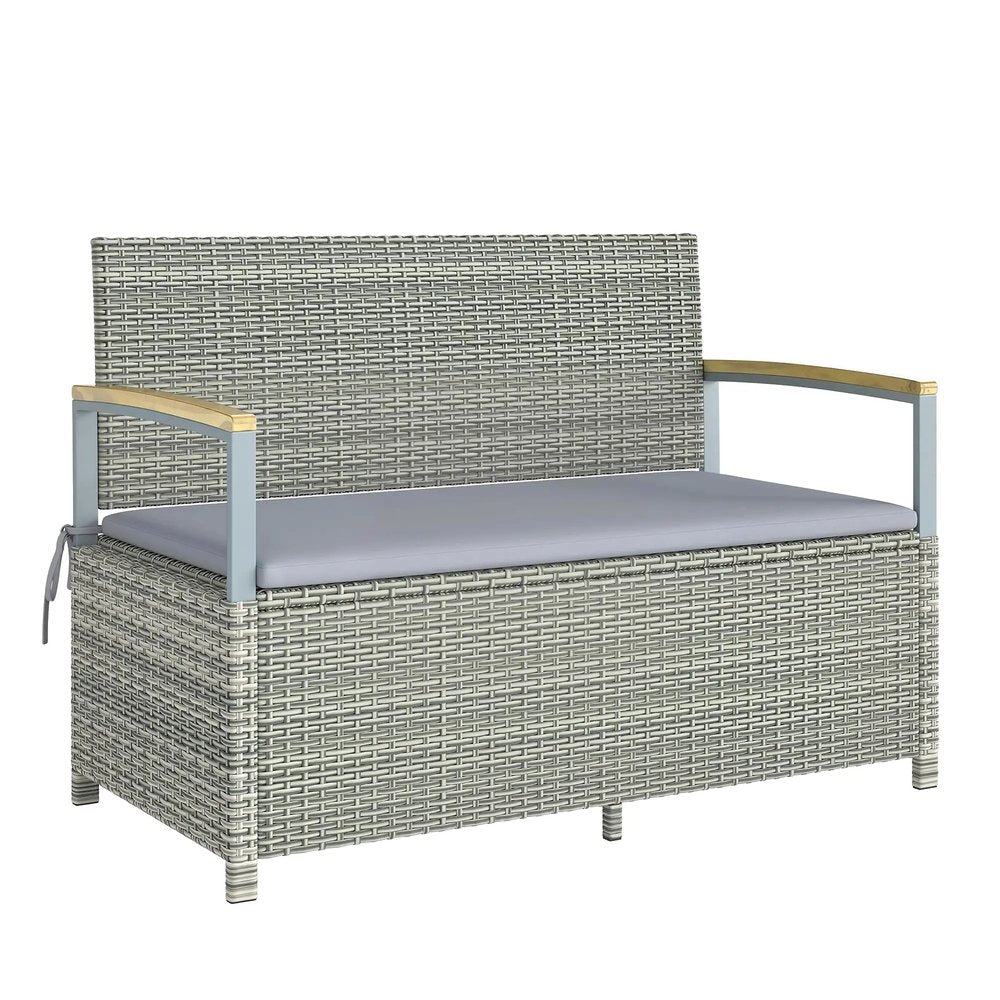 Outsunny 170 L Garden Storage Bench with Zipped Liner, 2 Seater Rattan Garden Bench with Storage, Gas Strut, Cushion, Light Grey 