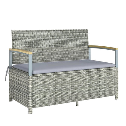 Outsunny 170 L Garden Storage Bench with Zipped Liner, 2 Seater Rattan Garden Bench with Storage, Gas Strut, Cushion, Light Grey 