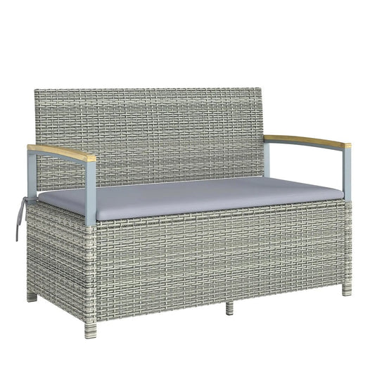 Outsunny 170 L Garden Storage Bench with Zipped Liner, 2 Seater Rattan Garden Bench with Storage, Gas Strut, Cushion, Light Grey 