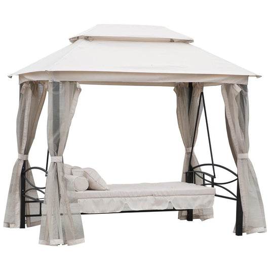 Outsunny 2-in-1 Convertible Gazebo Swing Chair Bed W/Netting, 245Lx165Wx243H cm-Beige/Black 