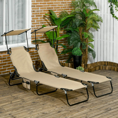 Outsunny 2 Piece Folding Sun Loungers with Canopy, Adjustable Recliner Garden Chairs with Side Pocket, Steel Frame and Breathable Mesh for Outdoor, Pool, Beach, Garden, Tan Brown 1