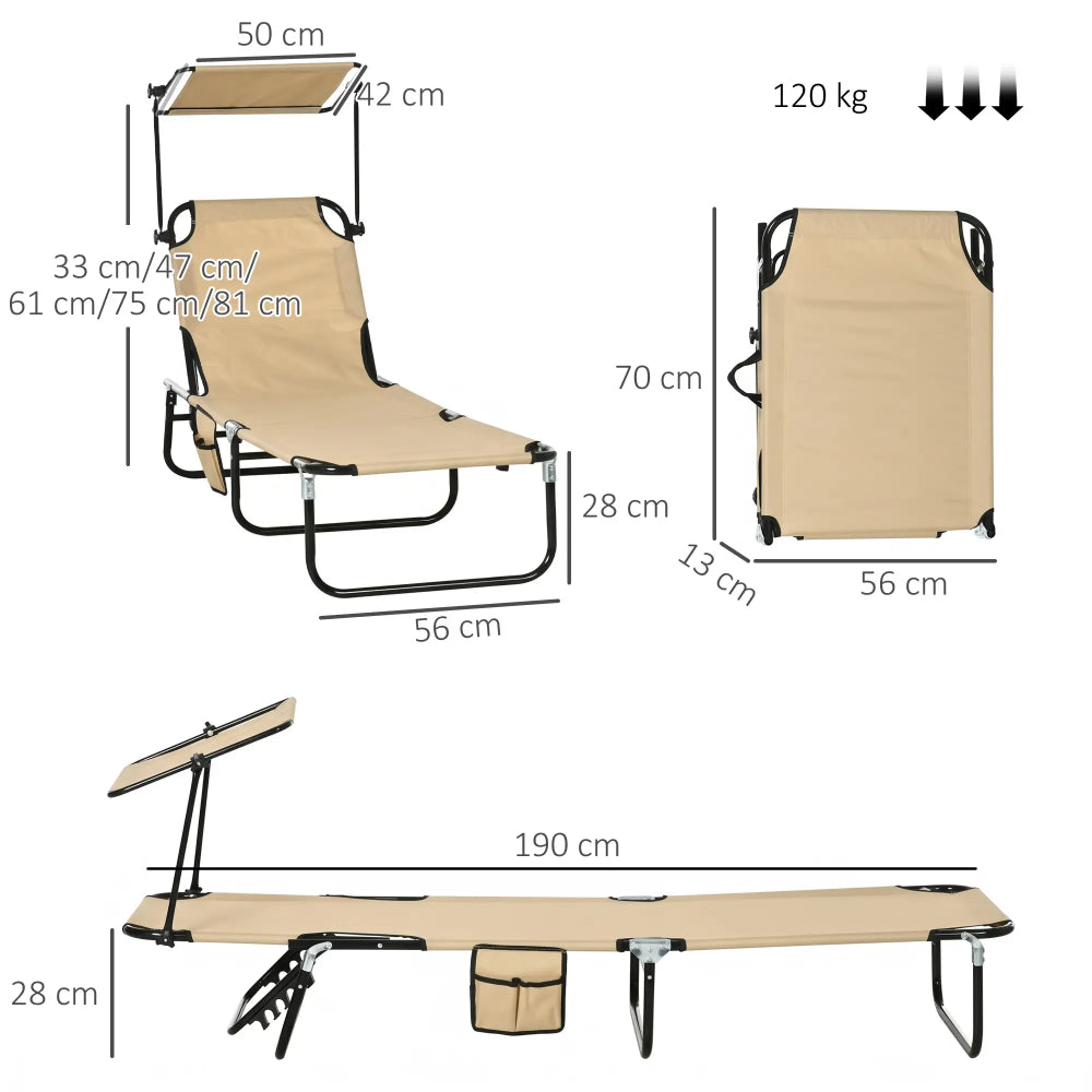 Outsunny 2 Piece Folding Sun Loungers with Canopy, Adjustable Recliner Garden Chairs with Side Pocket, Steel Frame and Breathable Mesh for Outdoor, Pool, Beach, Garden, Tan Brown 2