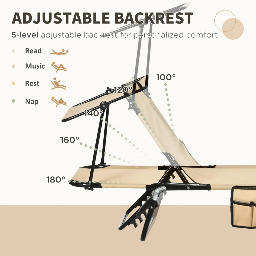 Outsunny 2 Piece Folding Sun Loungers with Canopy, Adjustable Recliner Garden Chairs with Side Pocket, Steel Frame and Breathable Mesh for Outdoor, Pool, Beach, Garden, Tan Brown 3