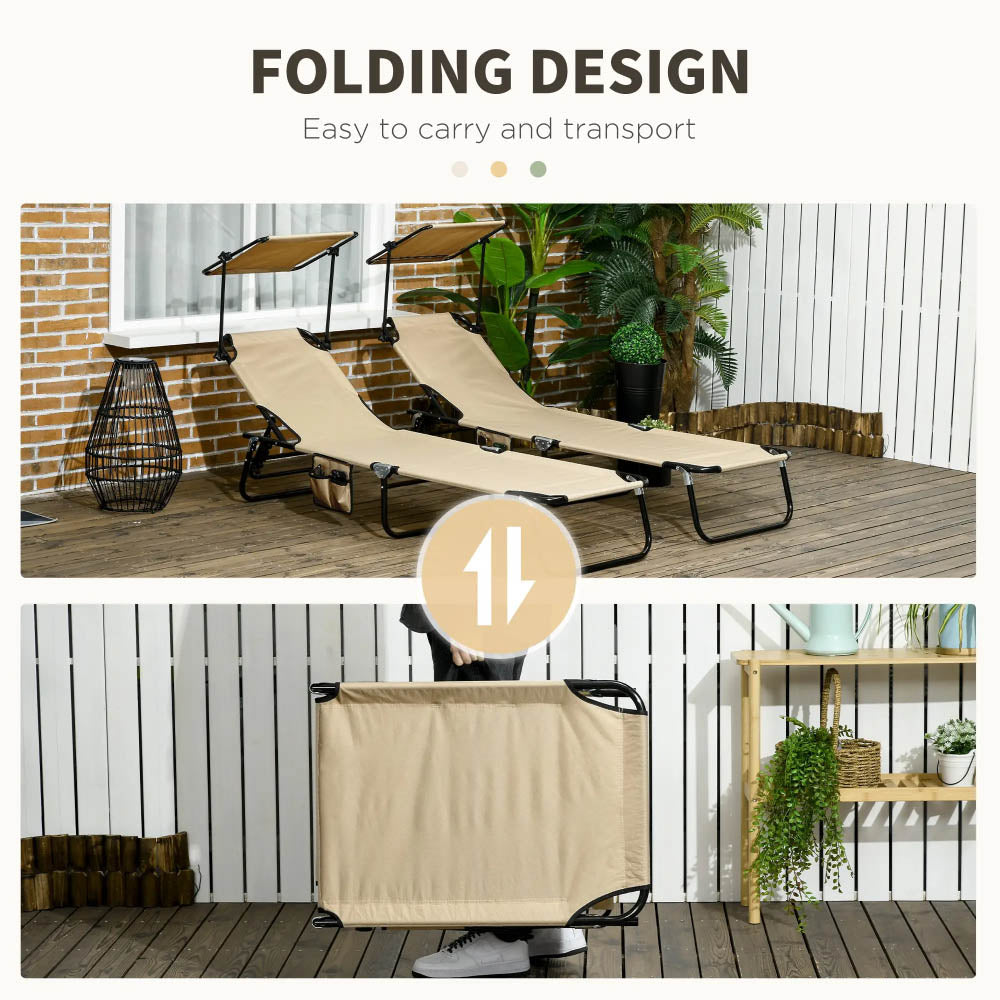 Outsunny 2 Piece Folding Sun Loungers with Canopy, Adjustable Recliner Garden Chairs with Side Pocket, Steel Frame and Breathable Mesh for Outdoor, Pool, Beach, Garden, Tan Brown 5