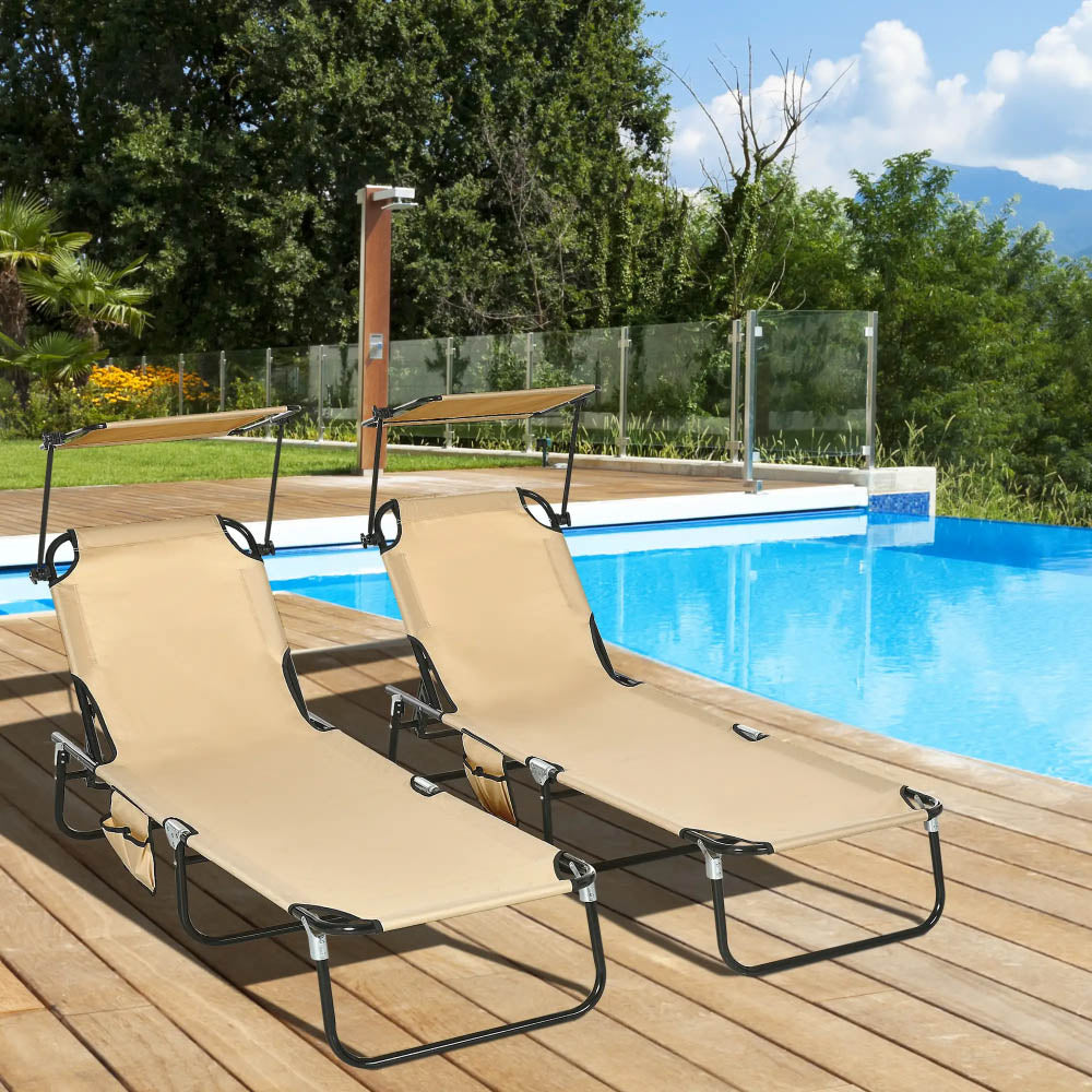 Outsunny 2 Piece Folding Sun Loungers with Canopy, Adjustable Recliner Garden Chairs with Side Pocket, Steel Frame and Breathable Mesh for Outdoor, Pool, Beach, Garden, Tan Brown 9