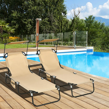 Outsunny 2 Piece Folding Sun Loungers with Canopy, Adjustable Recliner Garden Chairs with Side Pocket, Steel Frame and Breathable Mesh for Outdoor, Pool, Beach, Garden, Tan Brown 9