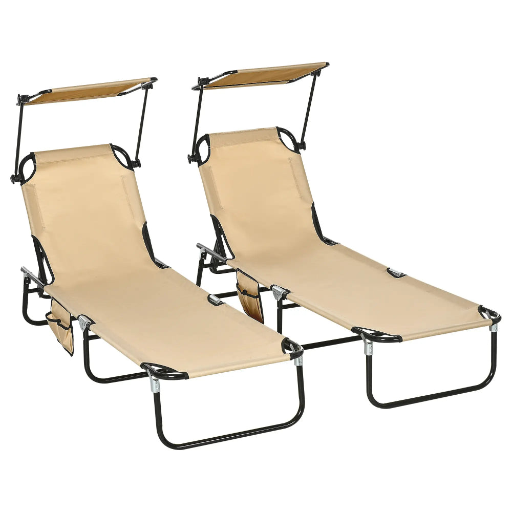 Outsunny 2 Piece Folding Sun Loungers with Canopy, Adjustable Recliner Garden Chairs with Side Pocket, Steel Frame and Breathable Mesh for Outdoor, Pool, Beach, Garden, Tan Brown 