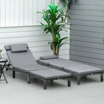 Outsunny 2 Pieces Outdoor PE Rattan Sun Loungers set of 2 with Cushion, Garden Wicker Sunbed Furniture with 5 - Level Recliner Backrest, Grey