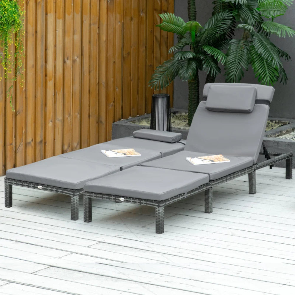 Outsunny 2 Pieces Outdoor PE Rattan Sun Loungers set of 2 with Cushion, Garden Wicker Sunbed Furniture with 5 - Level Recliner Backrest, Grey