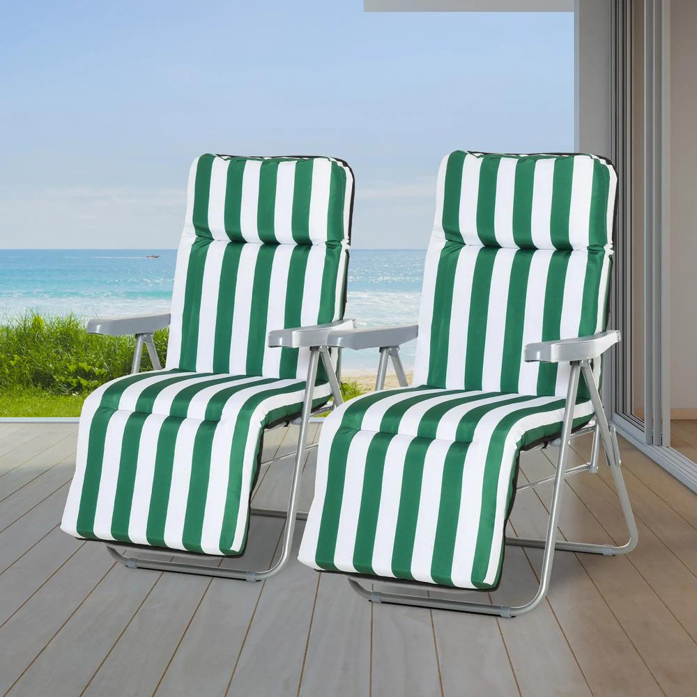 Outsunny 2 Pieces Outdoor Sun Lounger Set with Cushions, Patio Folding 5-Level Adjustable Backrest Recliner Chairs Set of 2 with High Backrest and Armrests, Green & White 1