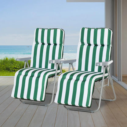Outsunny 2 Pieces Outdoor Sun Lounger Set with Cushions, Patio Folding 5-Level Adjustable Backrest Recliner Chairs Set of 2 with High Backrest and Armrests, Green & White 1