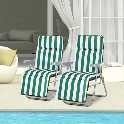 Outsunny 2 Pieces Outdoor Sun Lounger Set with Cushions, Patio Folding 5-Level Adjustable Backrest Recliner Chairs Set of 2 with High Backrest and Armrests, Green & White 10