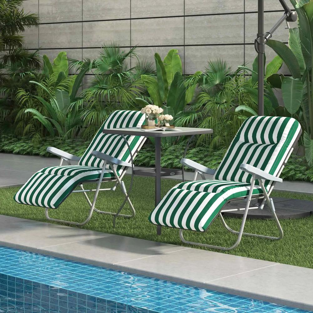 Outsunny 2 Pieces Outdoor Sun Lounger Set with Cushions, Patio Folding 5-Level Adjustable Backrest Recliner Chairs Set of 2 with High Backrest and Armrests, Green & White 11