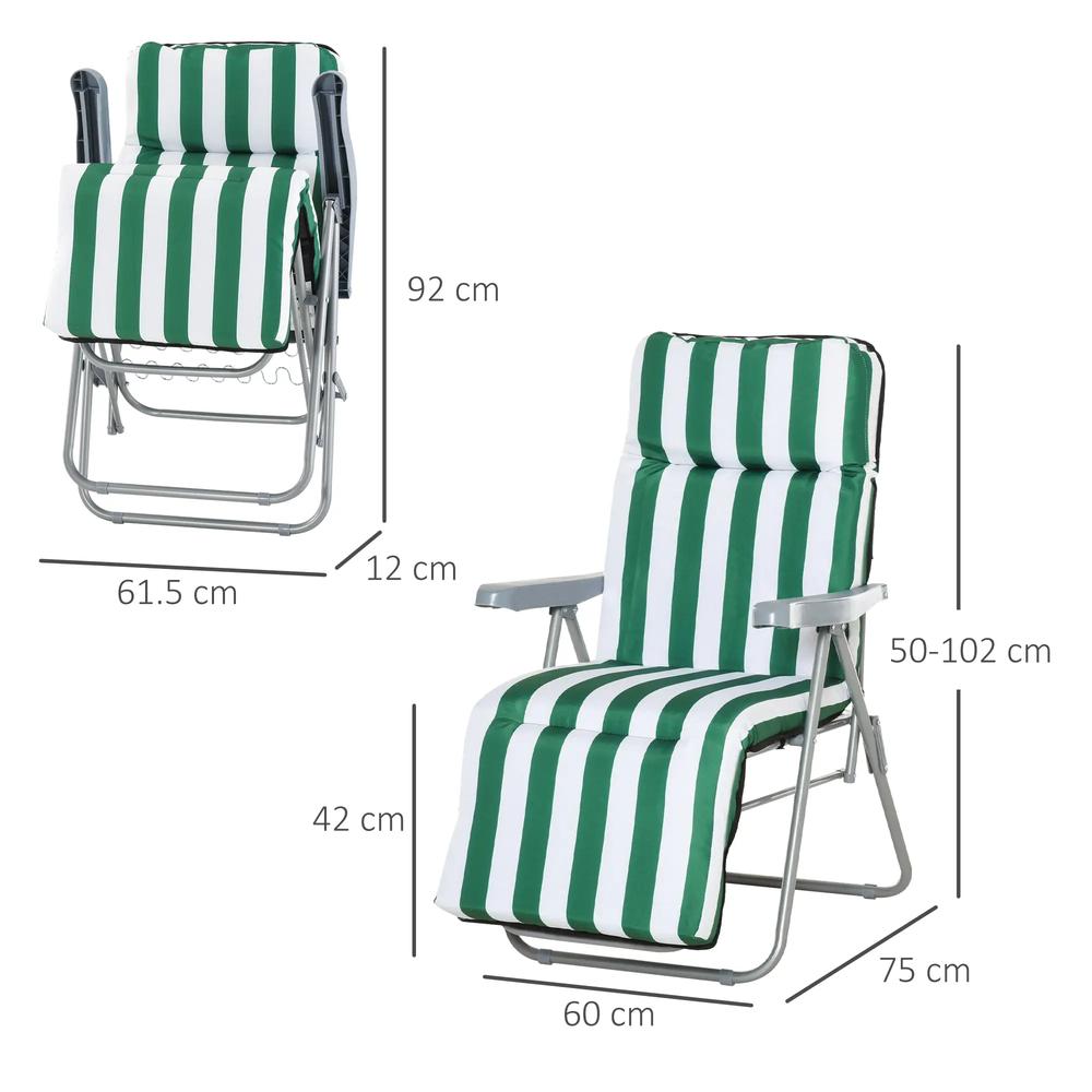 Outsunny 2 Pieces Outdoor Sun Lounger Set with Cushions, Patio Folding 5-Level Adjustable Backrest Recliner Chairs Set of 2 with High Backrest and Armrests, Green & White 2