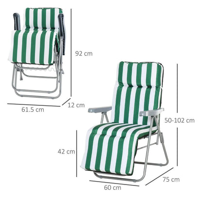 Outsunny 2 Pieces Outdoor Sun Lounger Set with Cushions, Patio Folding 5-Level Adjustable Backrest Recliner Chairs Set of 2 with High Backrest and Armrests, Green & White 2