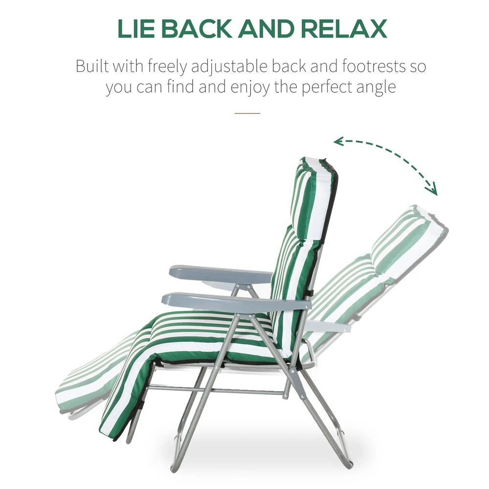 Outsunny 2 Pieces Outdoor Sun Lounger Set with Cushions, Patio Folding 5-Level Adjustable Backrest Recliner Chairs Set of 2 with High Backrest and Armrests, Green & White 3