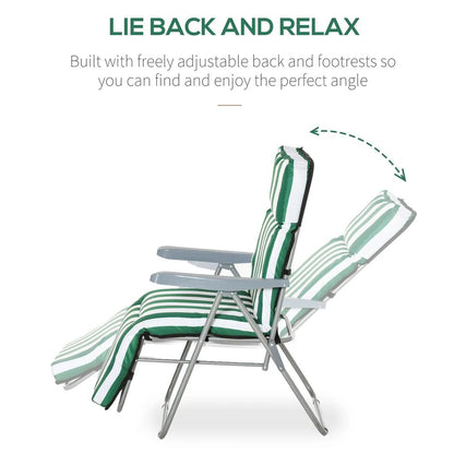 Outsunny 2 Pieces Outdoor Sun Lounger Set with Cushions, Patio Folding 5-Level Adjustable Backrest Recliner Chairs Set of 2 with High Backrest and Armrests, Green & White 3