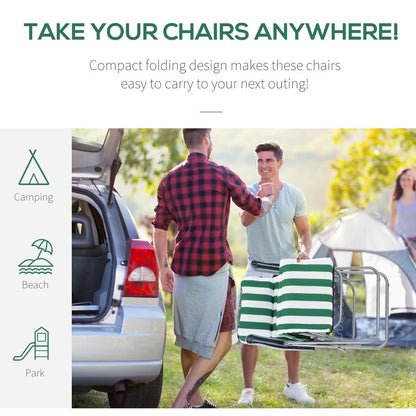 Outsunny 2 Pieces Outdoor Sun Lounger Set with Cushions, Patio Folding 5-Level Adjustable Backrest Recliner Chairs Set of 2 with High Backrest and Armrests, Green & White 5