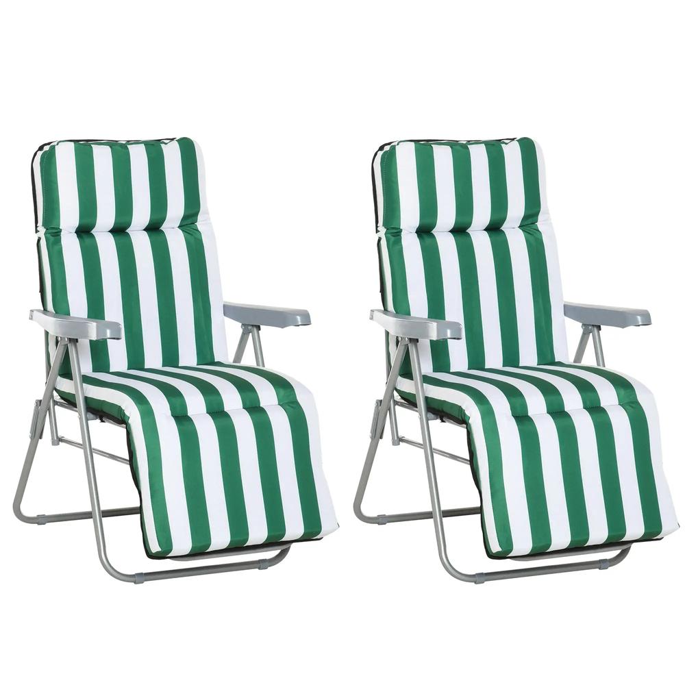 Outsunny 2 Pieces Outdoor Sun Lounger Set with Cushions, Patio Folding 5-Level Adjustable Backrest Recliner Chairs Set of 2 with High Backrest and Armrests, Green & White 