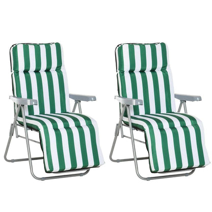 Outsunny 2 Pieces Outdoor Sun Lounger Set with Cushions, Patio Folding 5-Level Adjustable Backrest Recliner Chairs Set of 2 with High Backrest and Armrests, Green & White 
