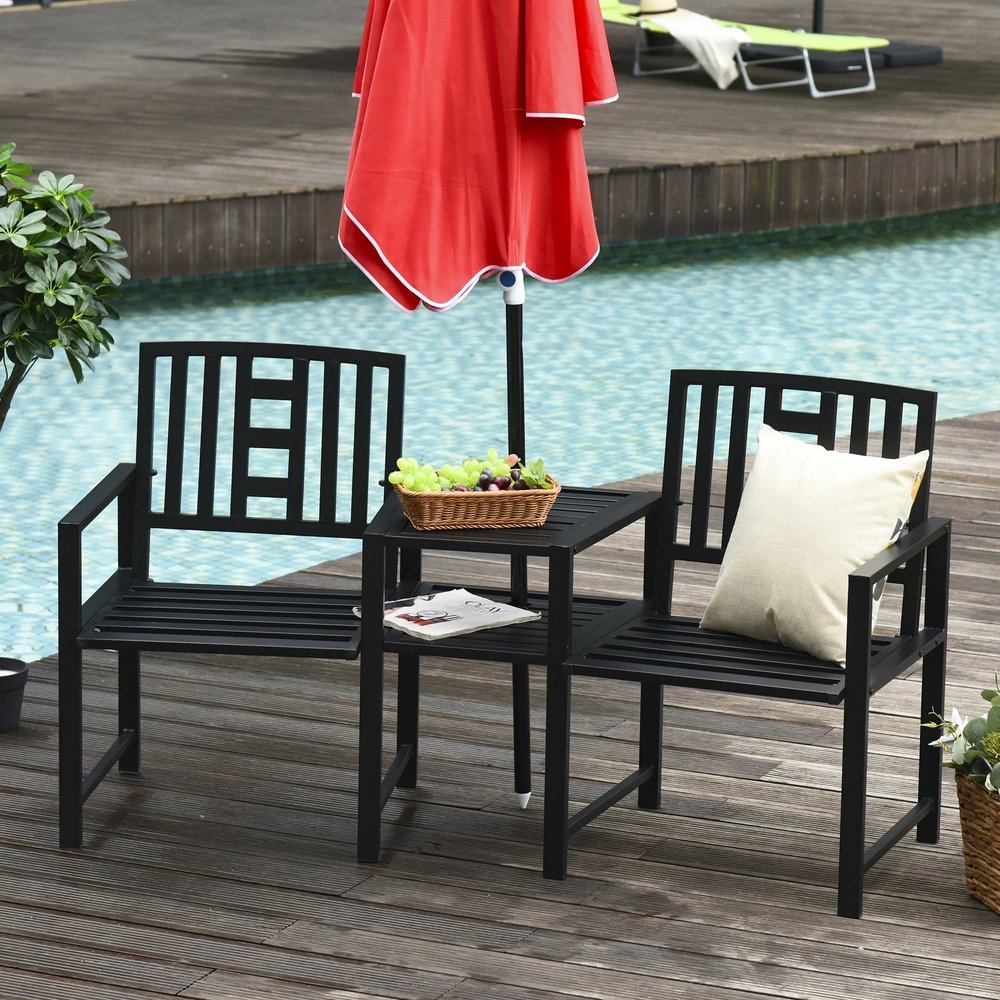 Outsunny 2 Seat Garden Chair Bench Loveseats Jack and Jill Seat w/Coffee Table Slatted Design Patio Yard 1