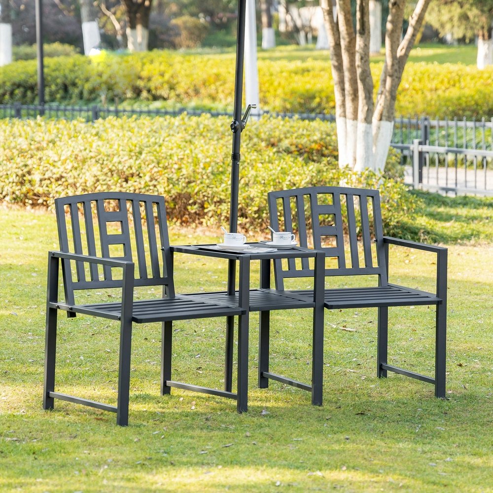 Outsunny 2 Seat Garden Chair Bench Loveseats Jack and Jill Seat w/Coffee Table Slatted Design Patio Yard 10
