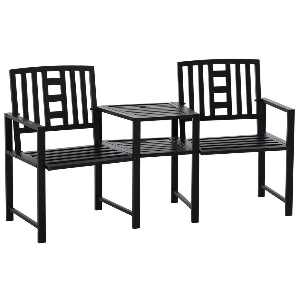 Outsunny 2 Seat Garden Chair Bench Loveseats Jack and Jill Seat w/Coffee Table Slatted Design Patio Yard 11