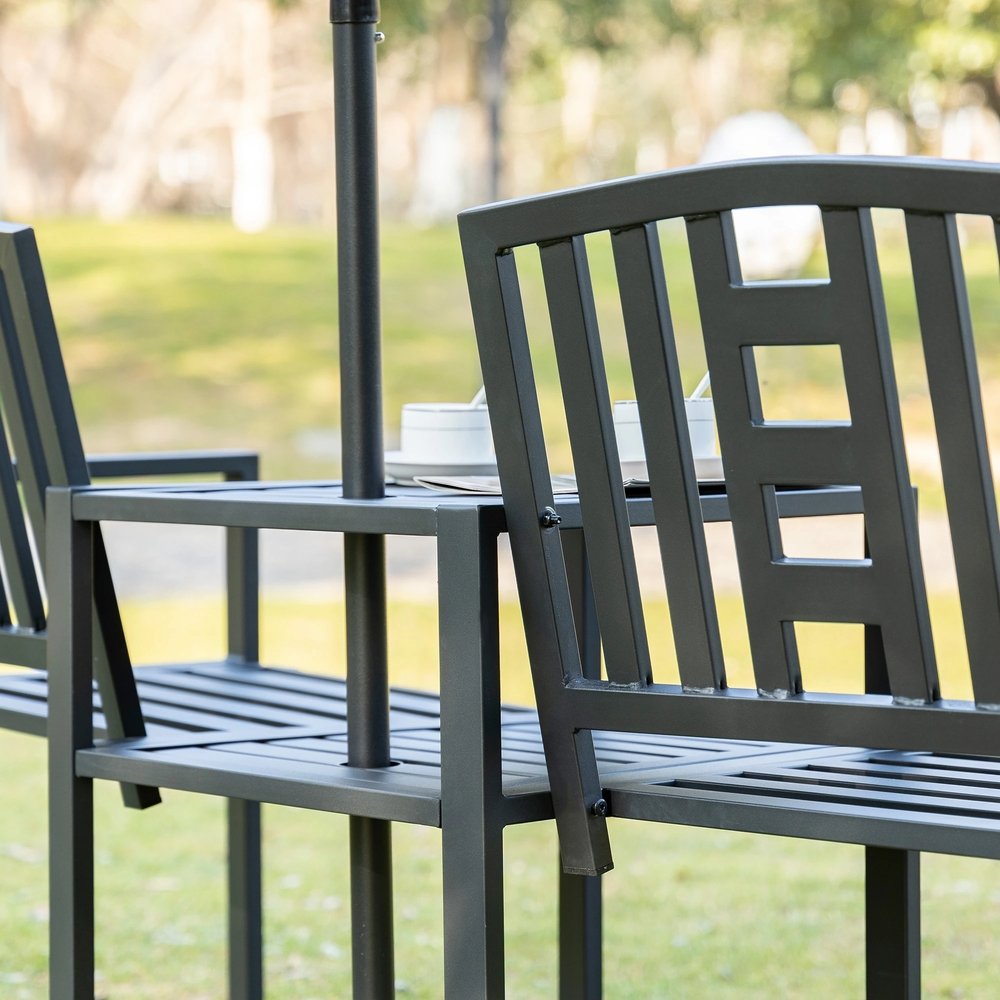 Outsunny 2 Seat Garden Chair Bench Loveseats Jack and Jill Seat w/Coffee Table Slatted Design Patio Yard 6