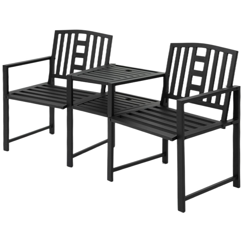 Outsunny 2 Seat Garden Chair Bench Loveseats Jack and Jill Seat w/Coffee Table Slatted Design Patio Yard 