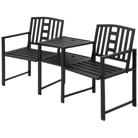 Outsunny 2 Seat Garden Chair Bench Loveseats Jack and Jill Seat w/Coffee Table Slatted Design Patio Yard 