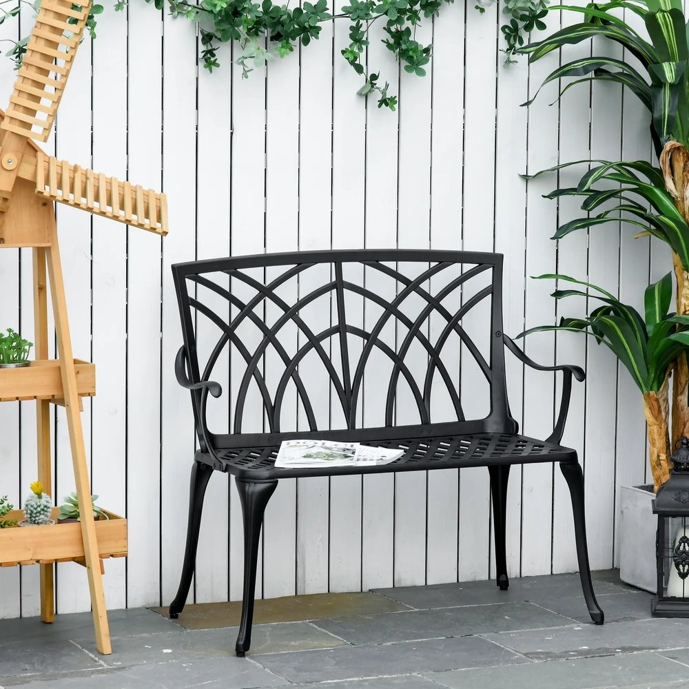 Outsunny 2-Seater Cast Aluminium Garden Bench Loveseat Outdoor Furniture Chair w/ Decorative Backrest & Ergonomic Armrest for Patio Terrace Porch 1