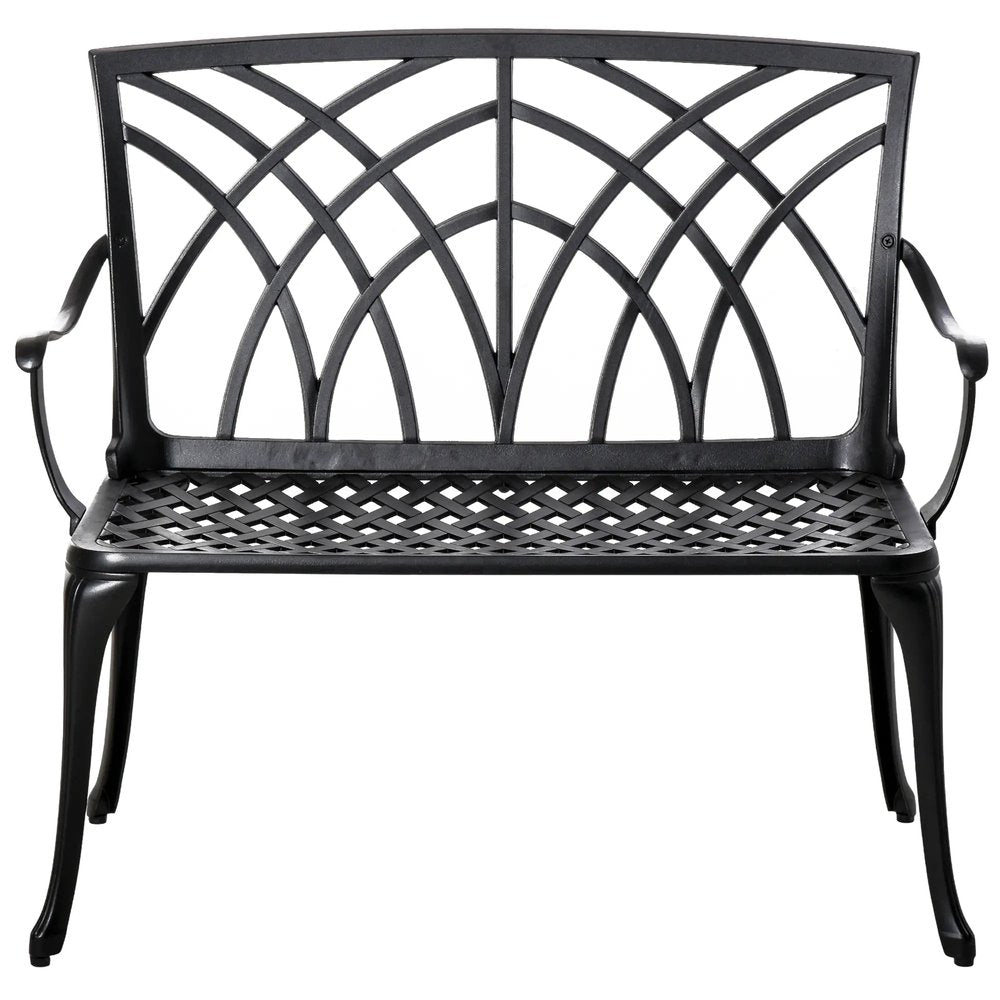 Outsunny 2-Seater Cast Aluminium Garden Bench Loveseat Outdoor Furniture Chair w/ Decorative Backrest & Ergonomic Armrest for Patio Terrace Porch 11