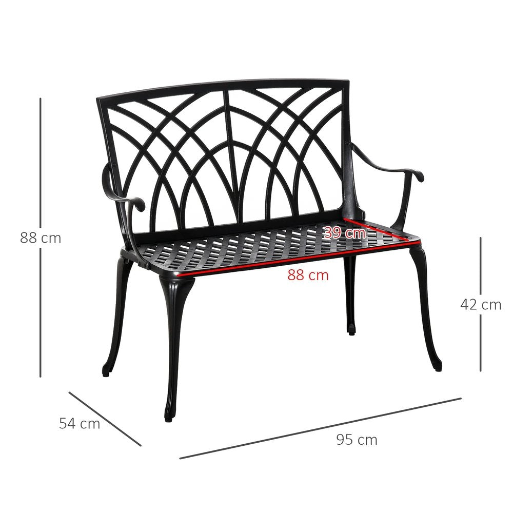 Outsunny 2-Seater Cast Aluminium Garden Bench Loveseat Outdoor Furniture Chair w/ Decorative Backrest & Ergonomic Armrest for Patio Terrace Porch 2
