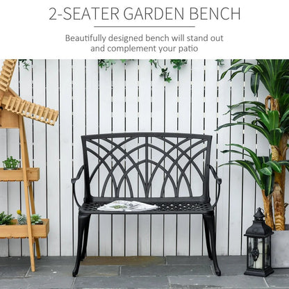 Outsunny 2-Seater Cast Aluminium Garden Bench Loveseat Outdoor Furniture Chair w/ Decorative Backrest & Ergonomic Armrest for Patio Terrace Porch 3