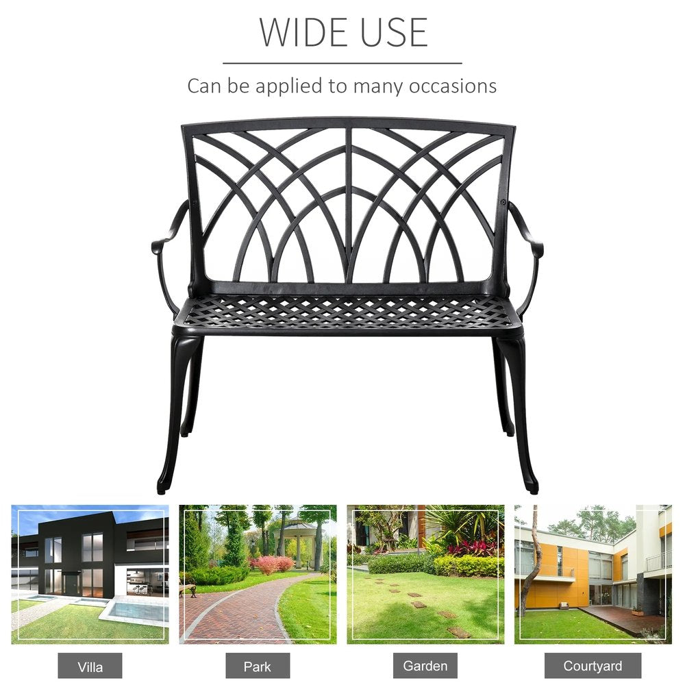 Outsunny 2-Seater Cast Aluminium Garden Bench Loveseat Outdoor Furniture Chair w/ Decorative Backrest & Ergonomic Armrest for Patio Terrace Porch 5