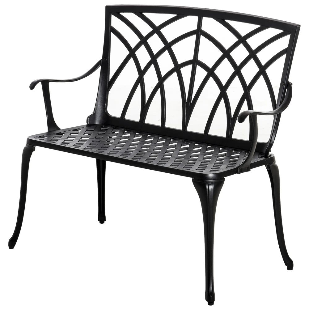 Outsunny 2-Seater Cast Aluminium Garden Bench Loveseat Outdoor Furniture Chair w/ Decorative Backrest & Ergonomic Armrest for Patio Terrace Porch 